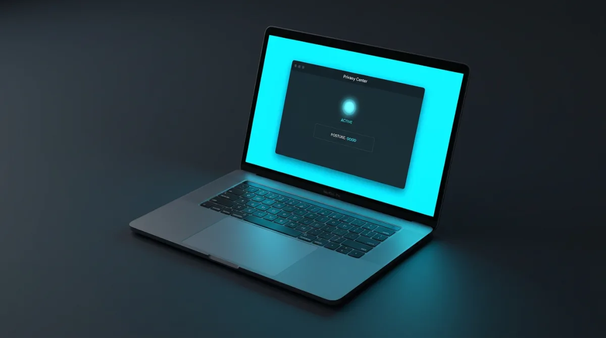 Space-gray MacBook on a charcoal desk, three-quarter view, screen casting electric cyan Privacy Center glow — posture active, no props