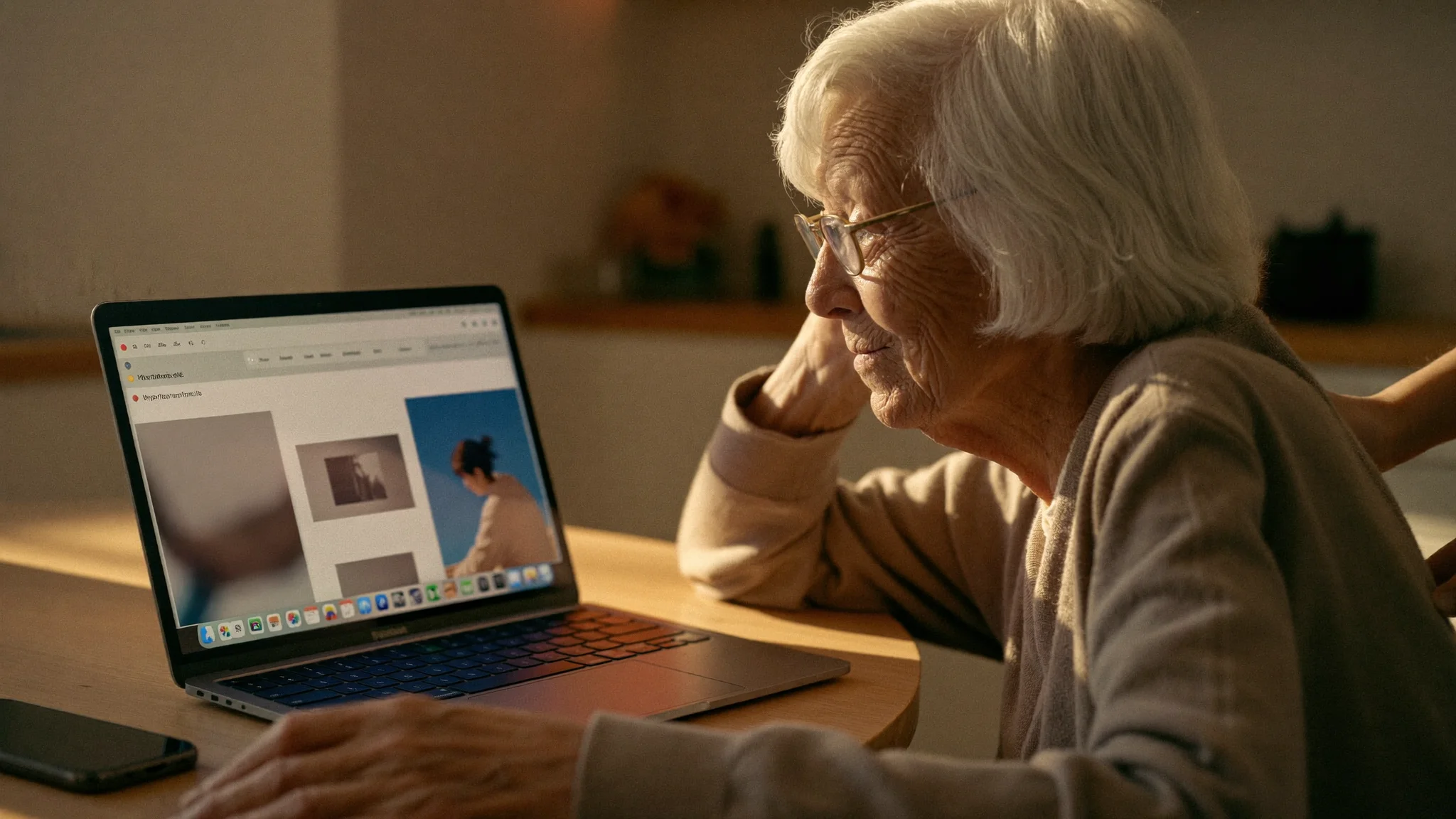 Older adult getting patient computer help on a Mac with voice and on-screen pointing